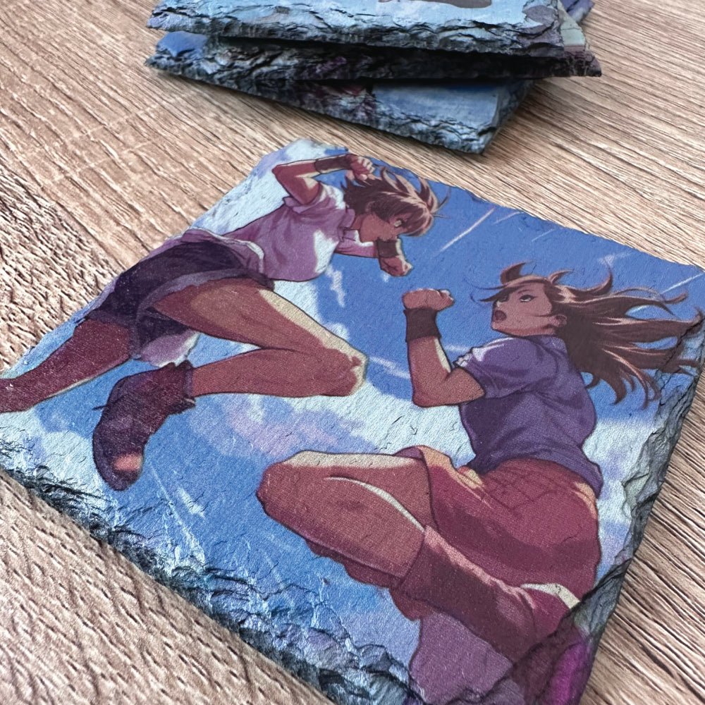 Anime Style Slate Coasters - Anime Girls (Fight) - GameOn.games