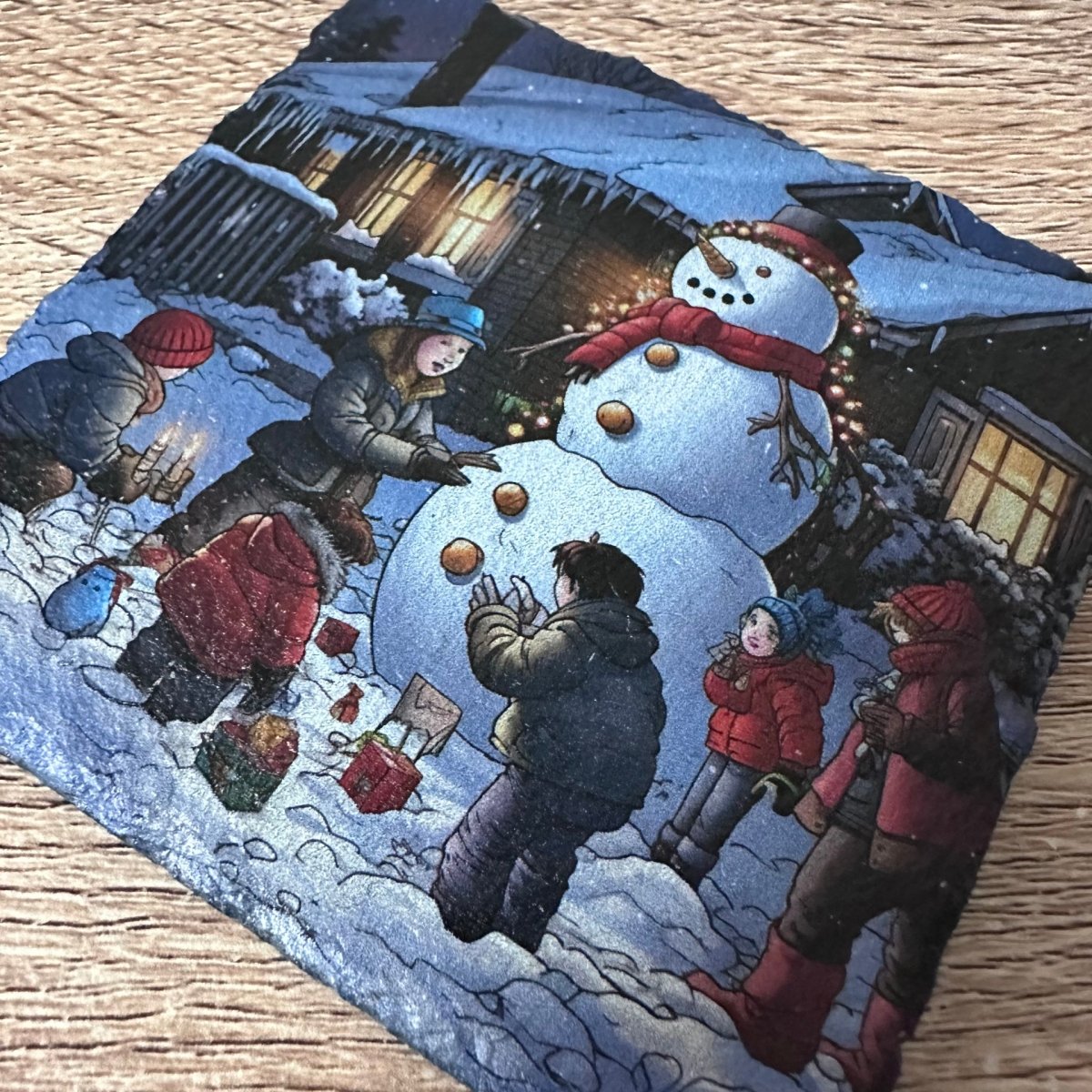 Christmas Slate Coasters - Children Building A Snowman - GameOn.games