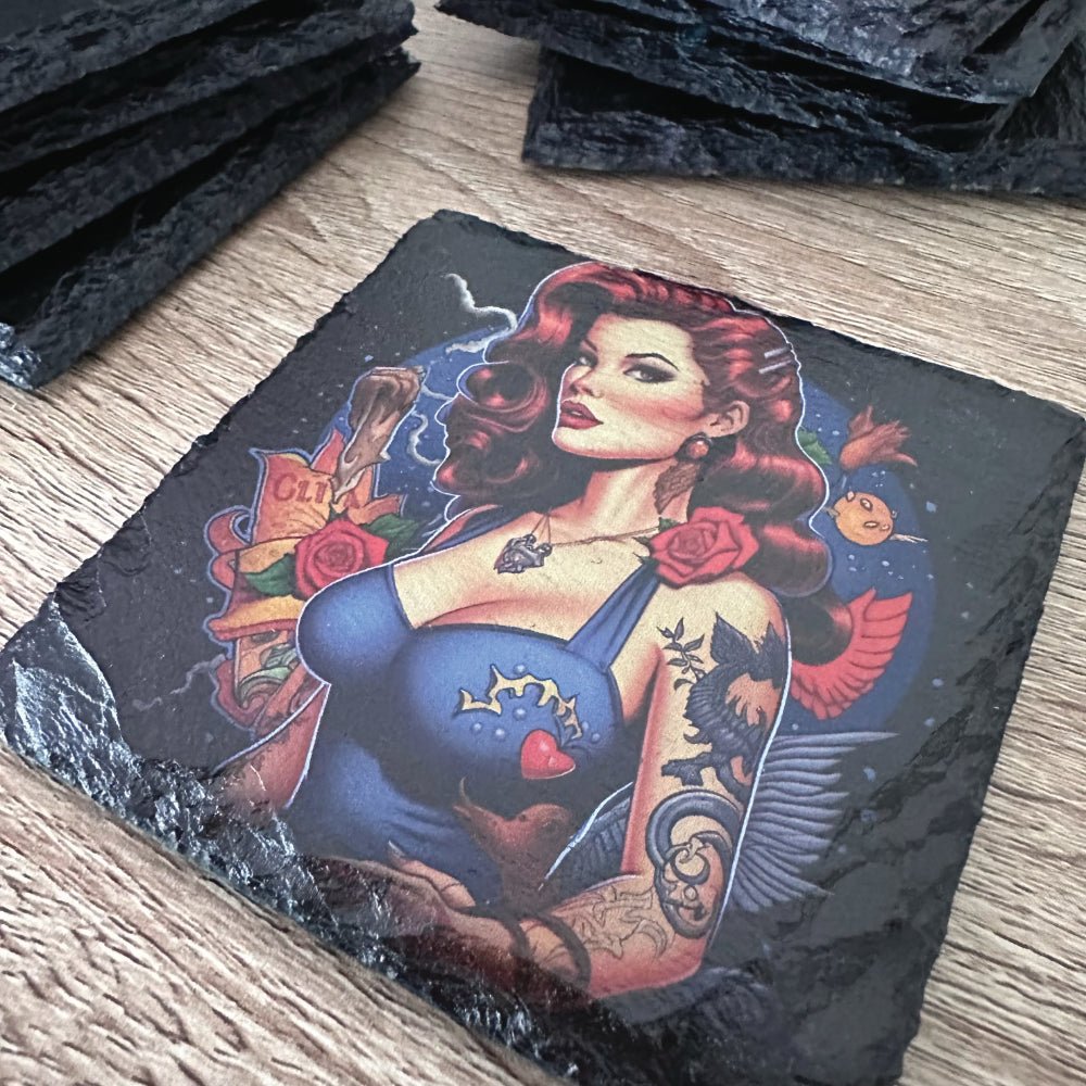 Gothic Tattoo Slate Coasters - Pin-Up Girl - GameOn.games