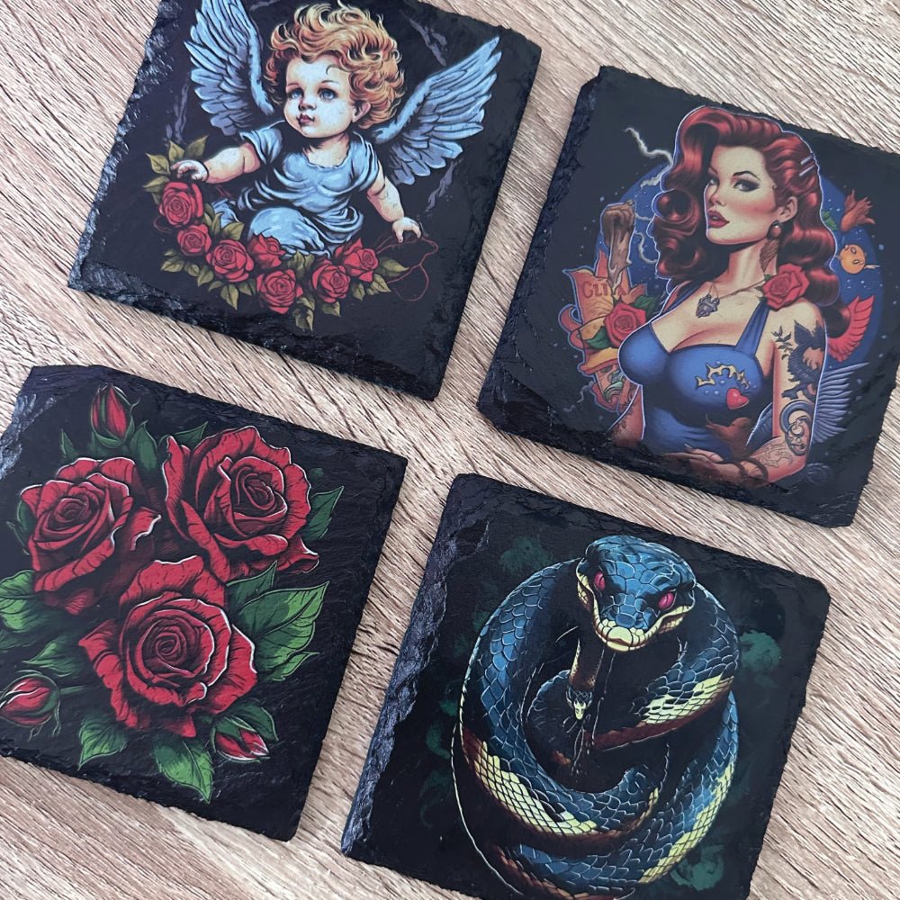 Gothic Tattoo Slate Coasters - Roses - GameOn.games