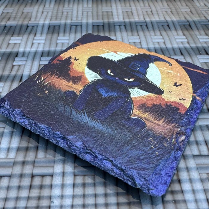 Halloween Slate Coasters - Black Cat Witch - GameOn.games