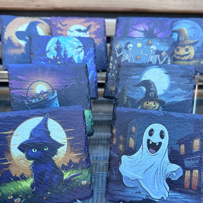 Halloween Slate Coasters - Black Cat Witch - GameOn.games