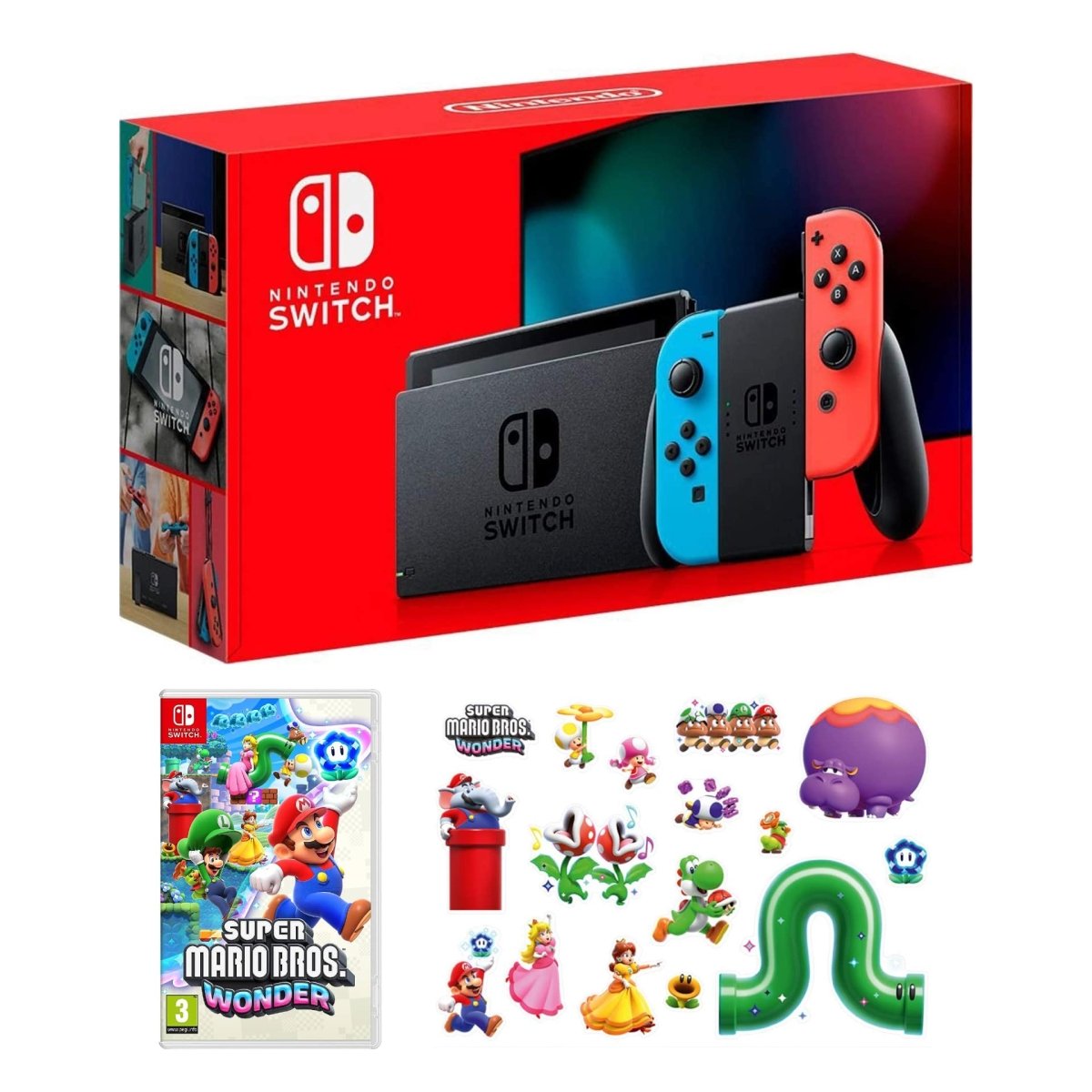 Nintendo Switch (Neon) + Super Mario Bros. Wonder + Sticker Sheet - GameOn.games