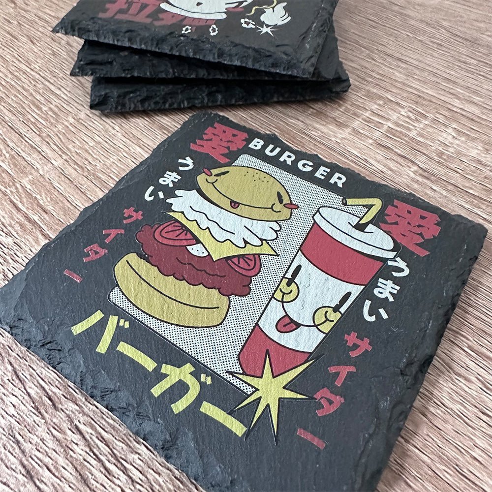 Retro Japanese Food Slate Coasters - Burger - GameOn.games