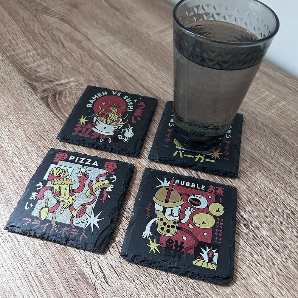 Retro Japanese Food Slate Coasters - Pizza - GameOn.games