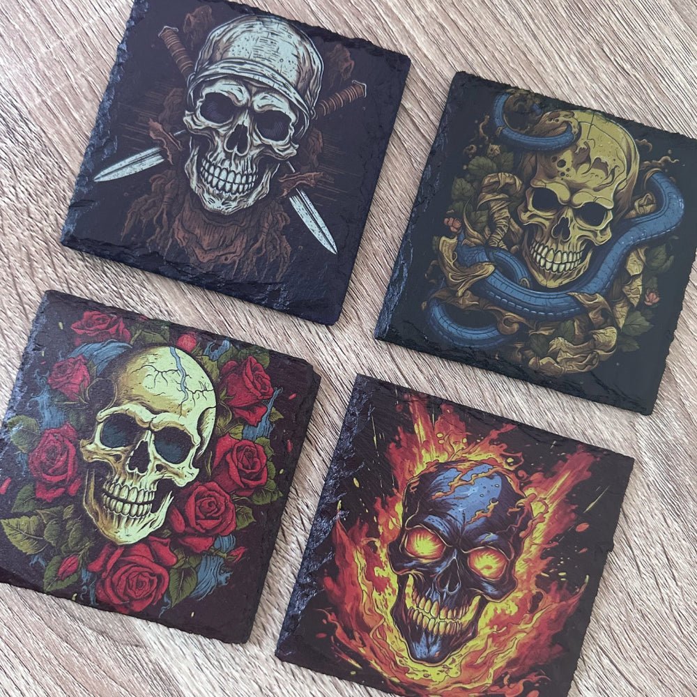 Skull Slate Coasters - Roses Skull - GameOn.games