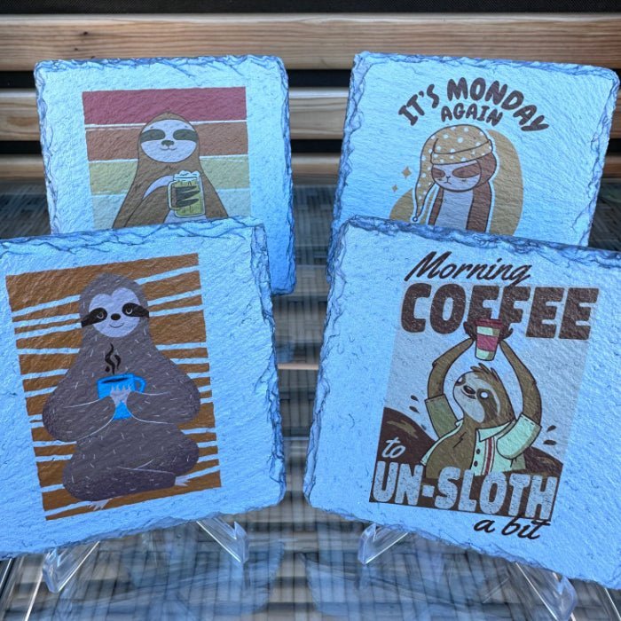Sloth Slate Coasters - Morning Coffee Sloth - GameOn.games